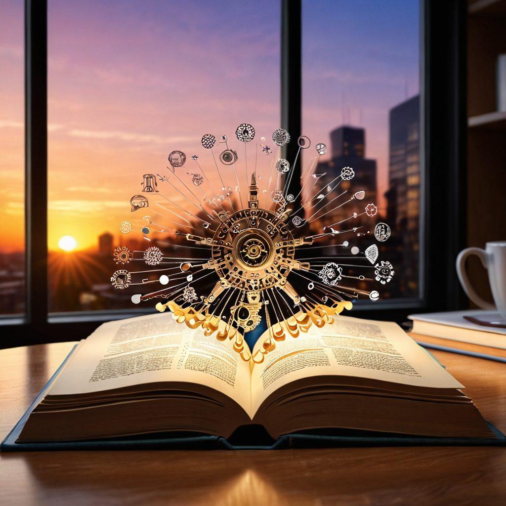 An open book with pages transforming into digital data streams, symbolizing the fusion of traditional knowledge and modern technology. Surround the book with light bulbs representing innovative ideas and gears symbolizing research processes, all set against a backdrop of a serene office with a large window showing a sunrise. Emphasize warm colors for inspiration and large text bubbles illustrating quotes from thought leaders. super-realistic. vibrant colors. 3D.