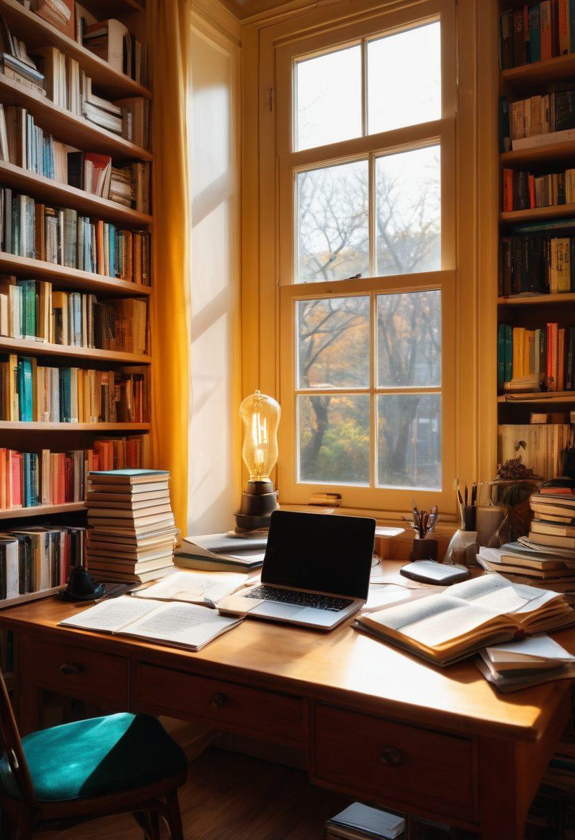 A scholar surrounded by books and papers, transforming dense academic texts into vibrant, engaging blog posts, with symbols of creativity like a light bulb and a typewriter. The setting features a cozy desk with coffee, a laptop, and colorful sticky notes, symbolizing ideas flowing freely from scholarly analysis to captivating content. The background includes a bookshelf overflowing with classic texts and a window letting in warm sunlight. super-realistic. vibrant colors. cozy atmosphere.