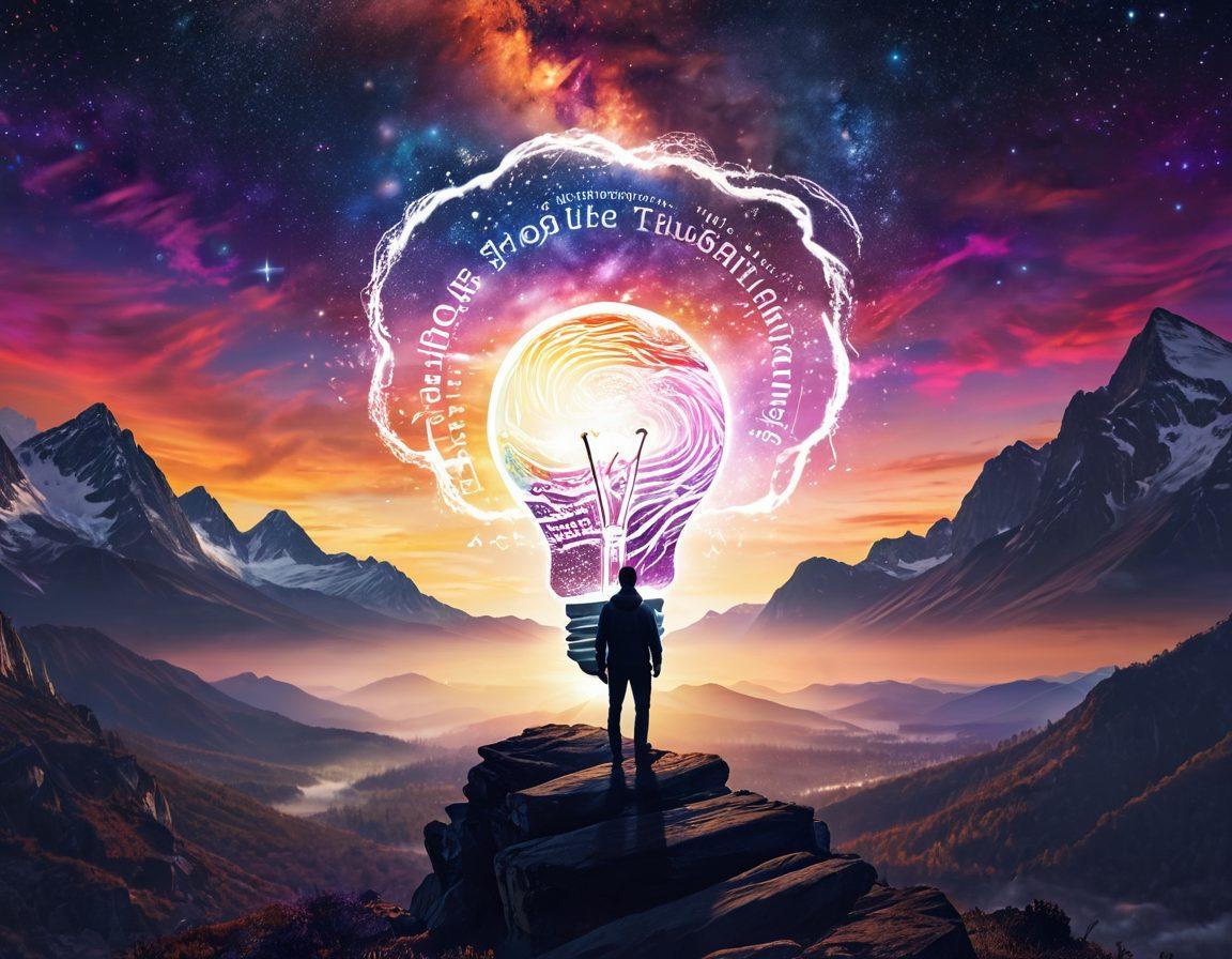 A person standing on a mountaintop, with a glowing light bulb above their head symbolizing bright ideas, surrounded by a swirling galaxy of knowledge, books, and digital elements. The background features a vivid sunset, representing new horizons in thought leadership. A prominent text overlay reads "The Power of Thought Leadership" in an engaging font. vibrant colors. super-realistic. digital art.